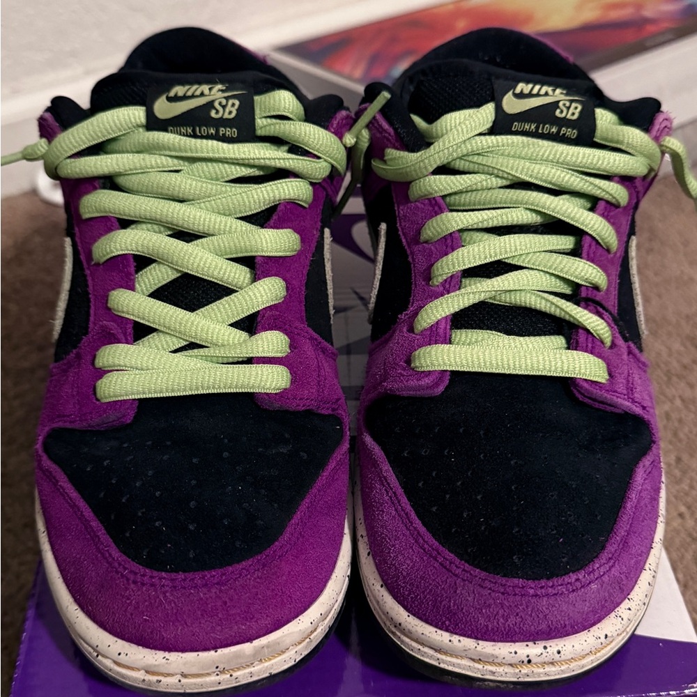 Nike SB Dunk Low Pro Black and Purple with Green Laces